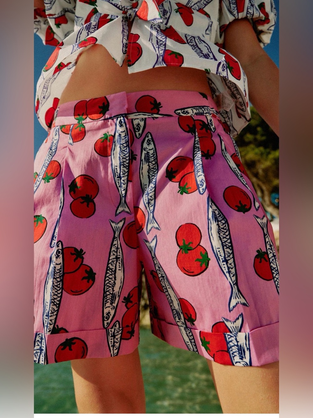 Zara Pink Tomato & Fish Print High-Rise Shorts